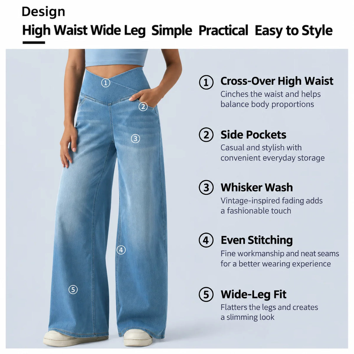 Women’s Cross V High Waist Wide Leg Washed Denim Pants