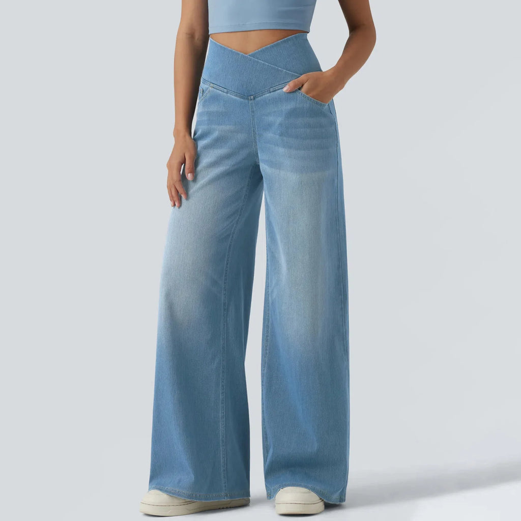 Women’s Cross V High Waist Wide Leg Washed Denim Pants