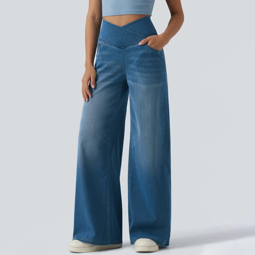 Women’s Cross V High Waist Wide Leg Washed Denim Pants