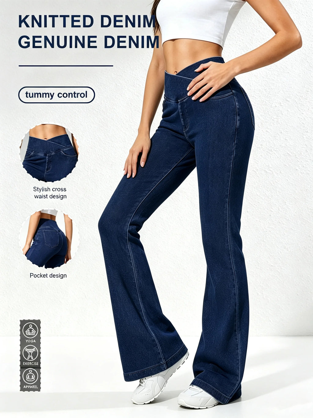 High Waisted Denim Flare Leggings, Crossover Waist Jean Leggings, Stretch Bell Bottom Pants