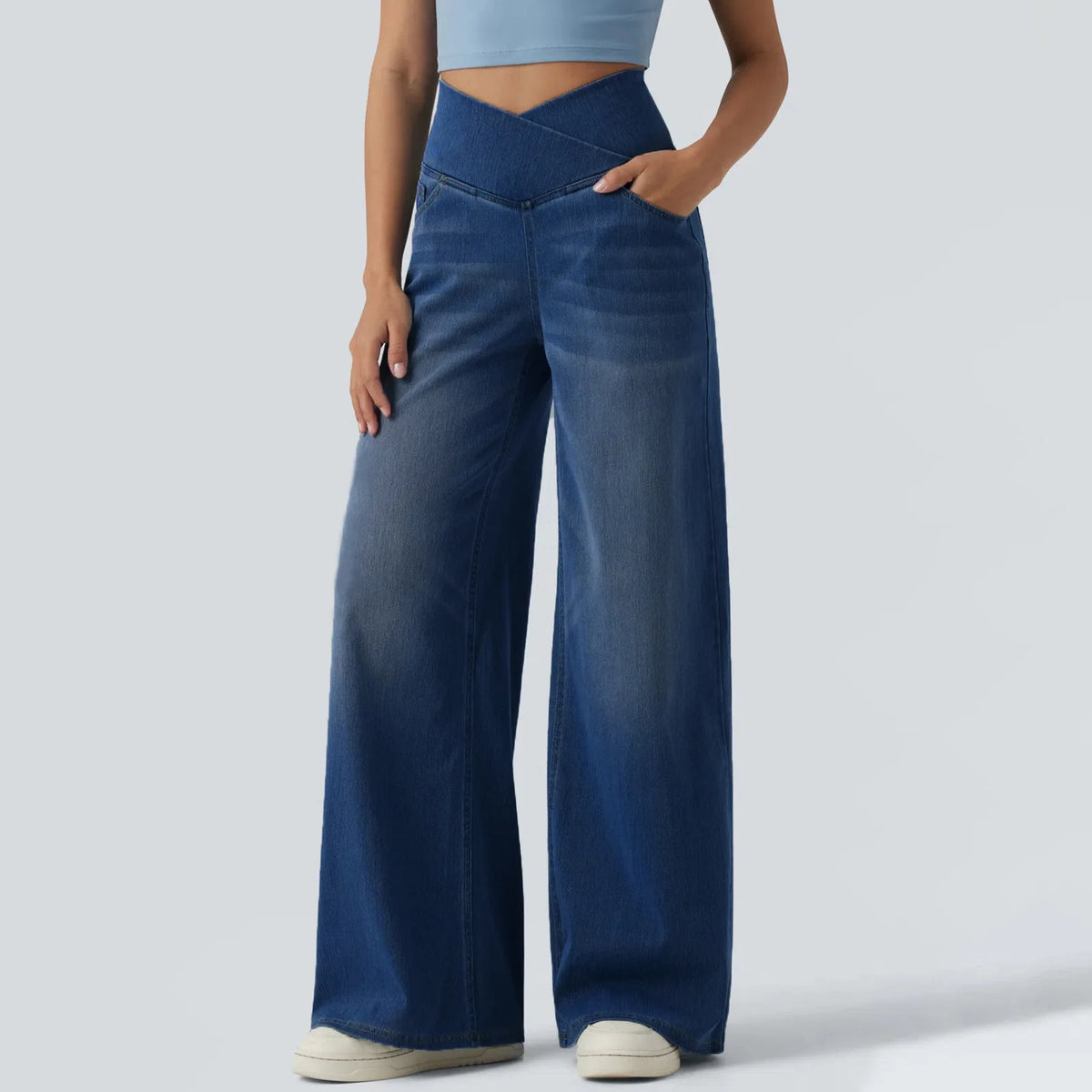 Women’s Cross V High Waist Wide Leg Washed Denim Pants