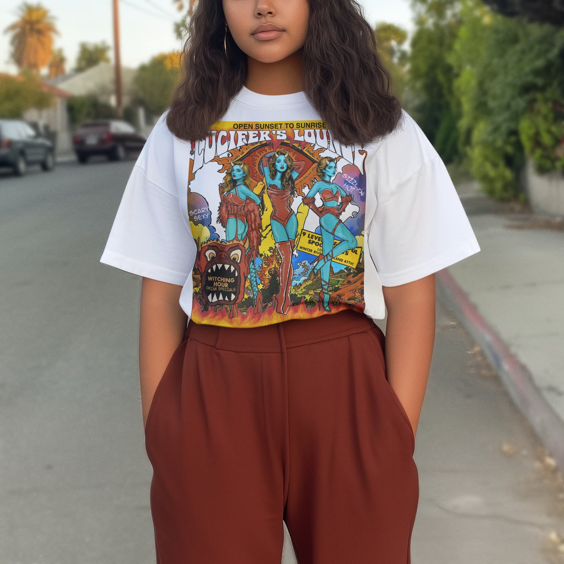 Lucifer Retro Vintage Devil Girl Pin-Up Graphic Tee Shirt, Hoodie Sweatshirt