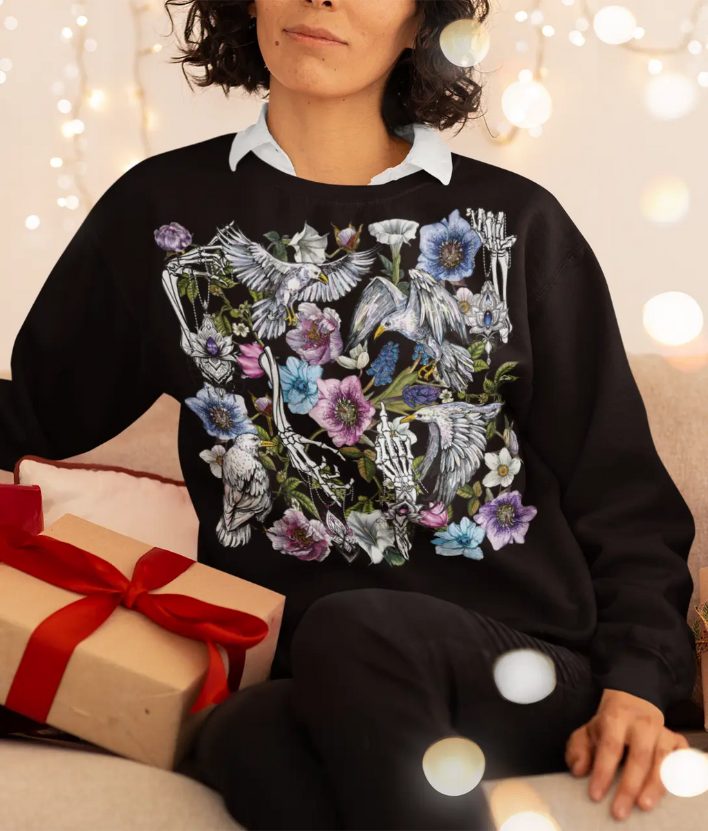 Gothic Birds Skeleton Graphic Tee Shirt, Hoodie Sweatshirt