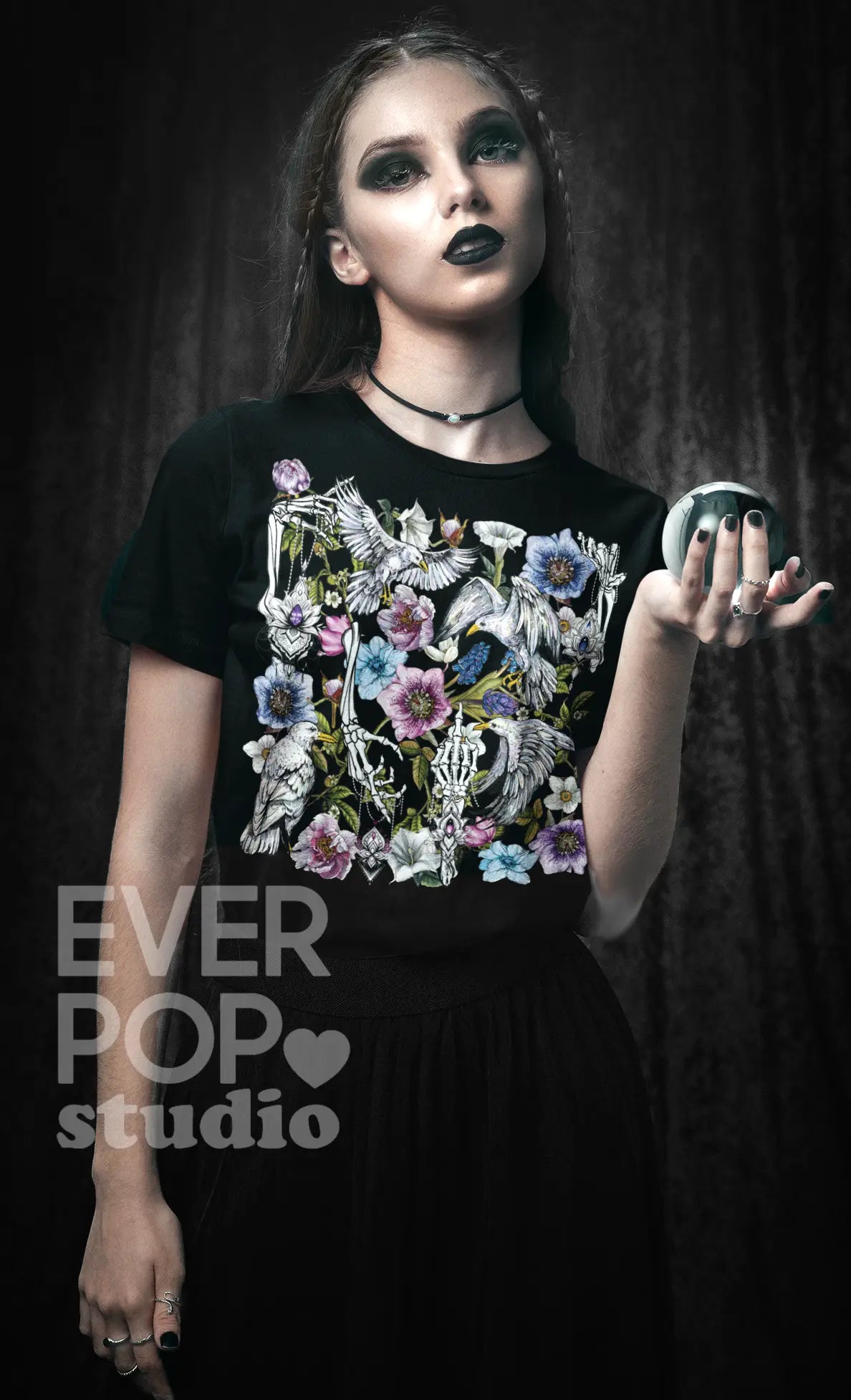 Gothic Birds Skeleton Graphic Tee Shirt, Hoodie Sweatshirt