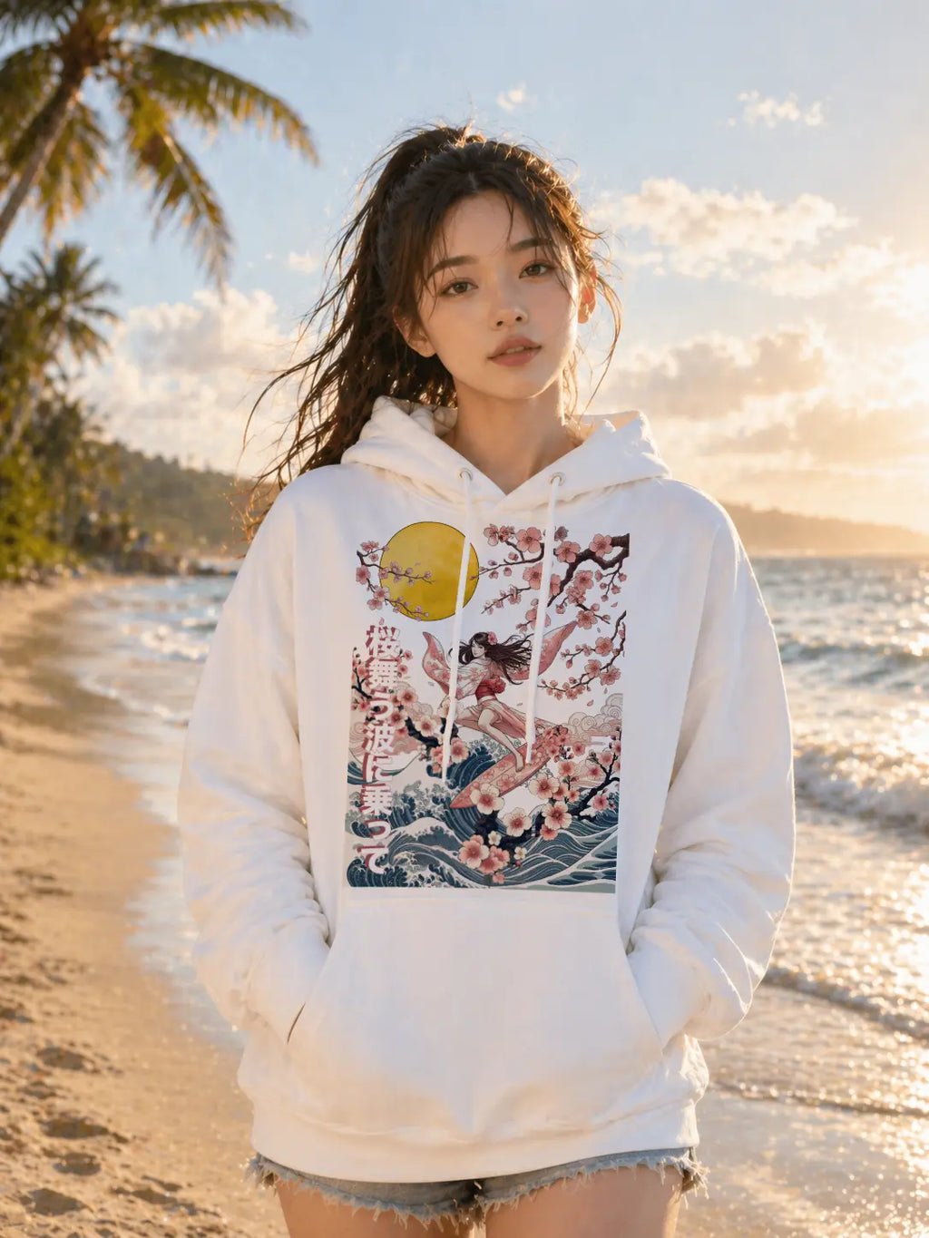 Cherry Blossom Surf Beach Graphic Tee Shirt, Hoodie Sweatshirt