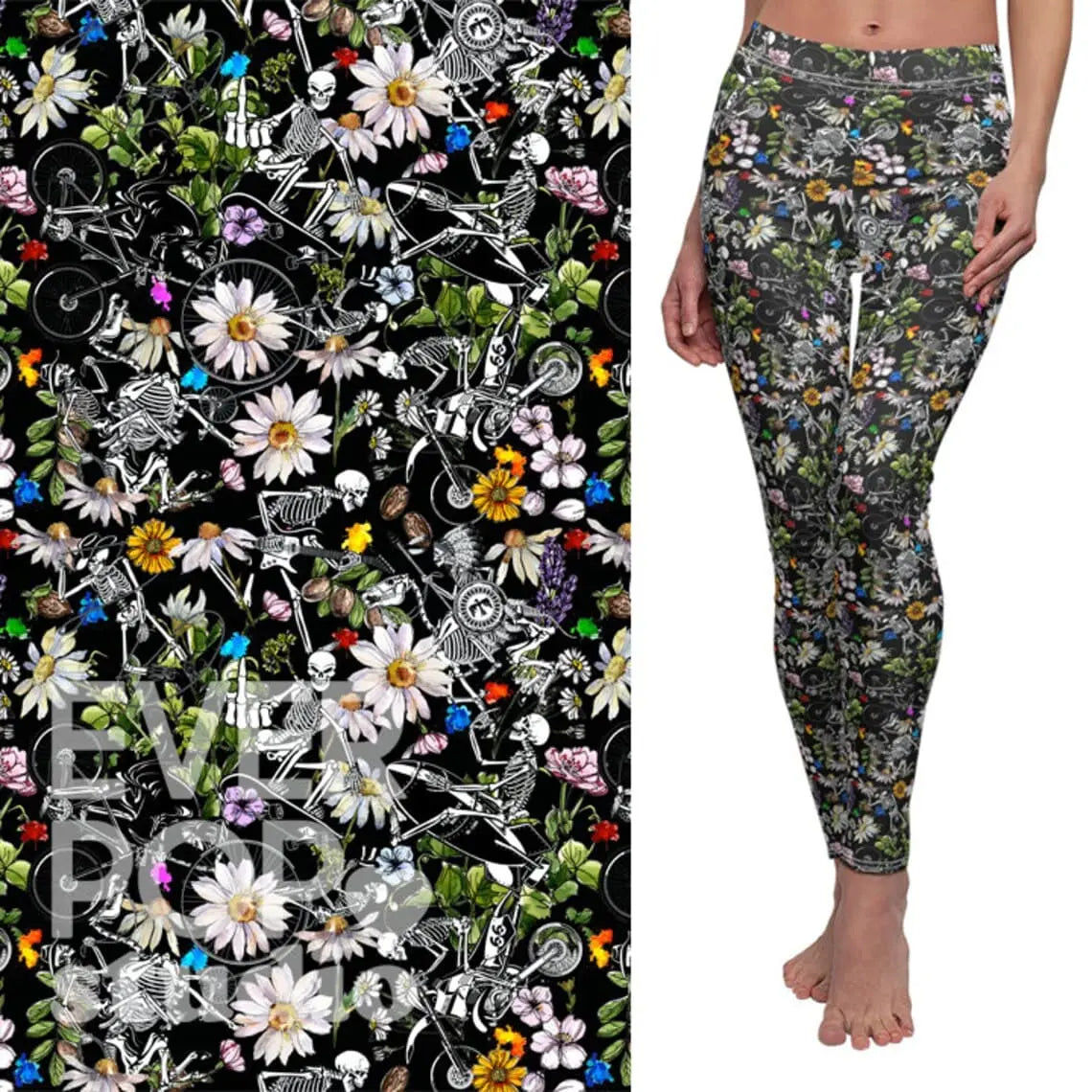 Floral Skeleton Leggings: Gothic Yoga Pants, Gym Workout Clothes